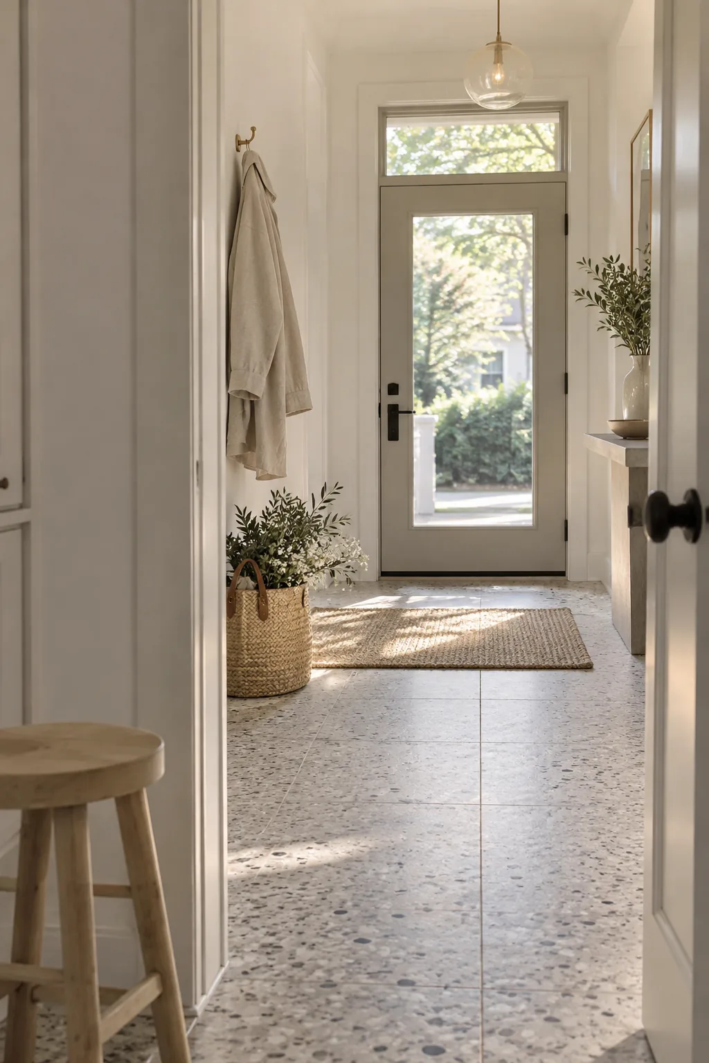 Light terrazzo floor with small glass and marble chips in a minimalist foyer