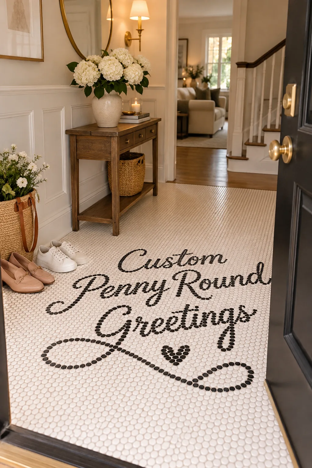 White penny round tiles spelling out hello in black letters at a front door