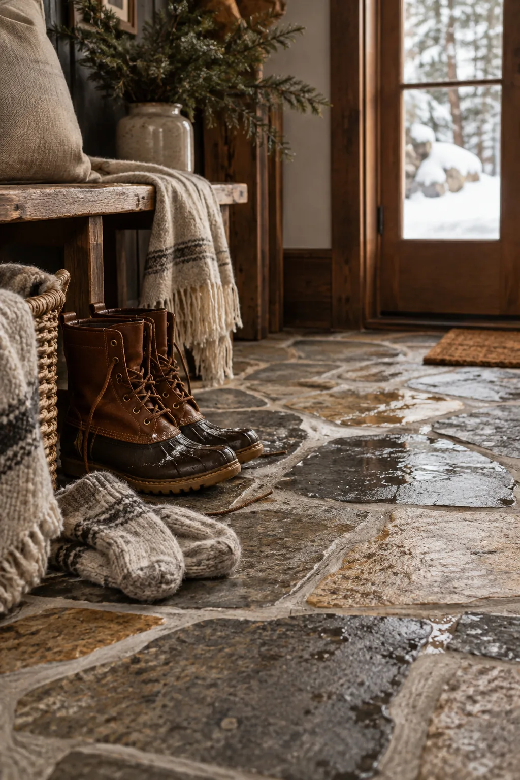 Irregular natural flagstone pieces mortared together in a rustic mudroom entry