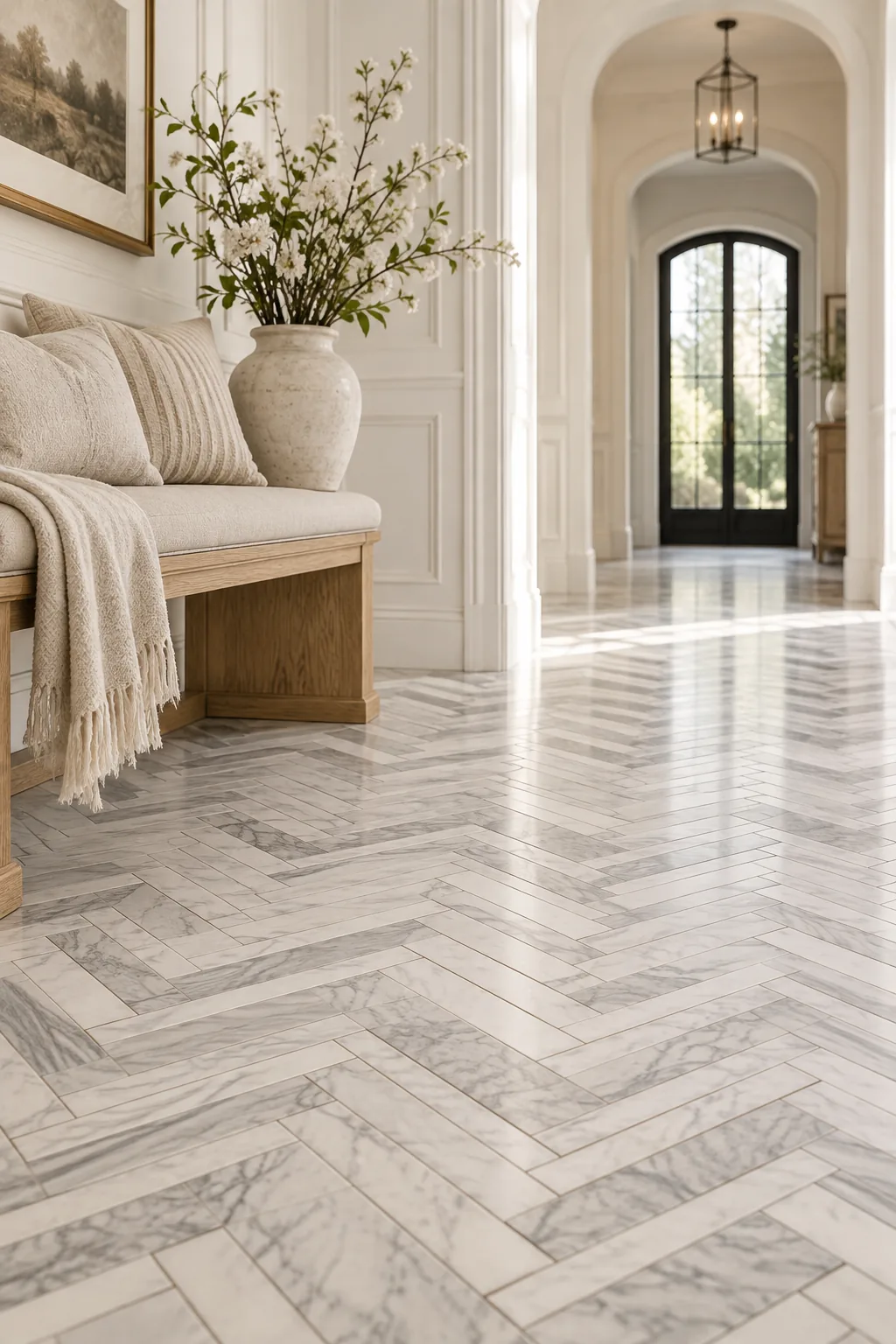 White marble subway tiles installed in a double herringbone pattern on a foyer floor