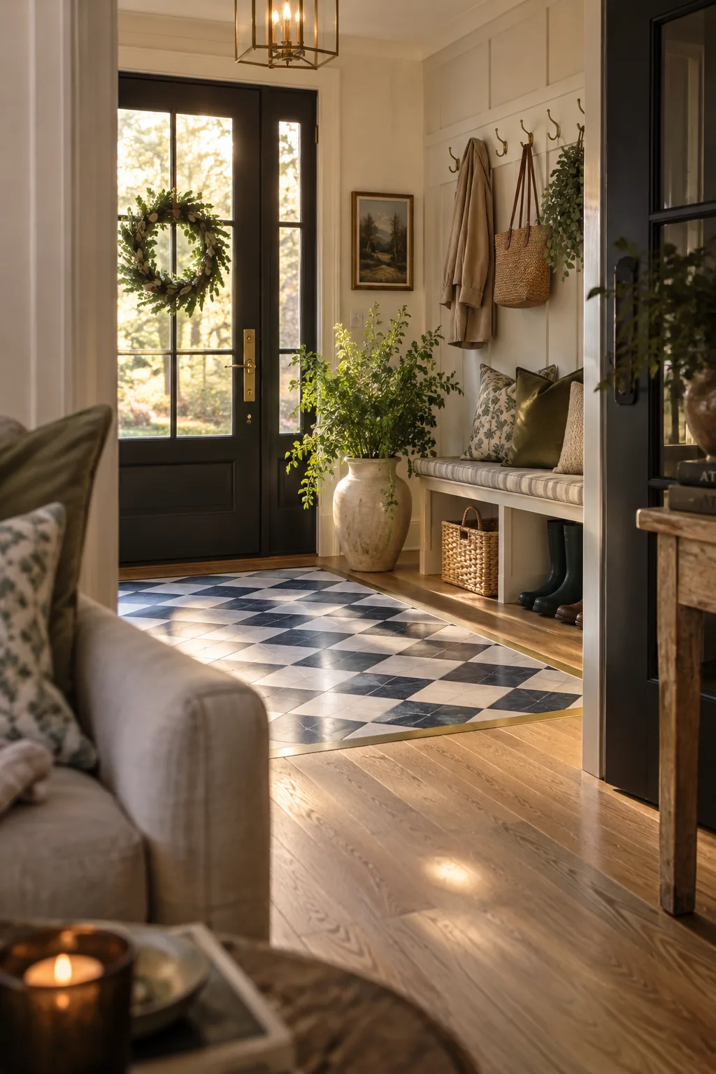A square section of patterned tile inset flush into a hardwood floor near a front door