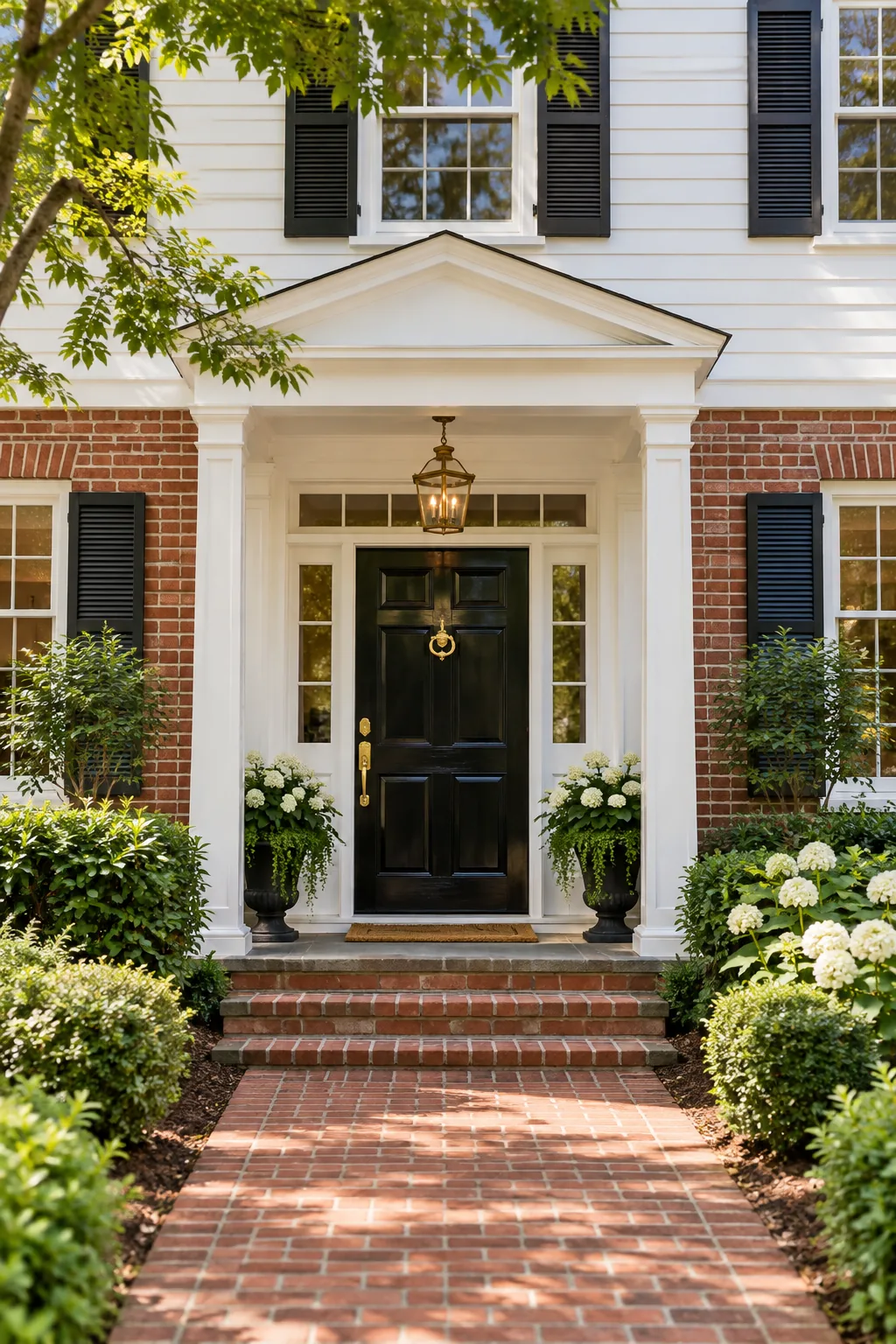 Classic colonial home exterior with red brick, white siding, and a black front door.