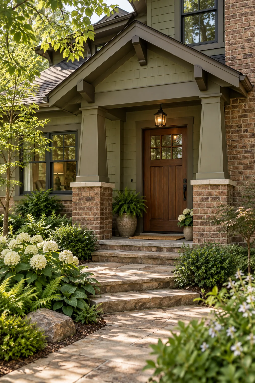 Craftsman home exterior with brown brick, olive green siding, and a stained wood door.