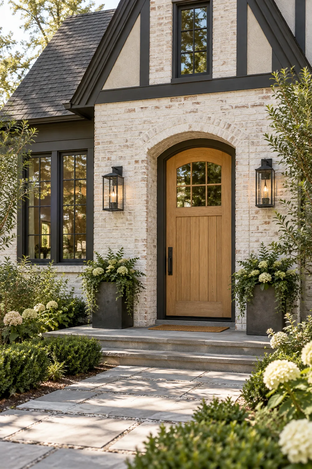Modern Tudor exterior with whitewashed brick, charcoal trim, and a light oak door.