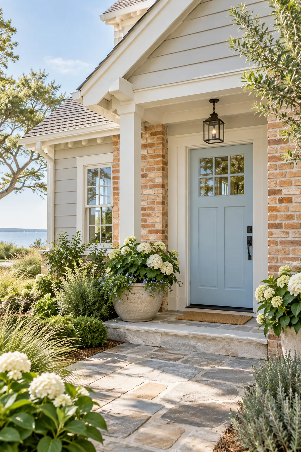 Coastal cottage exterior with orange brick, warm gray siding, and a pale blue door.