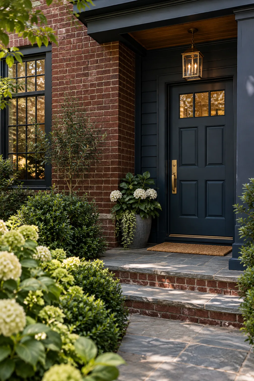 Moody home exterior with deep burgundy brick, dark navy siding, and brass hardware.