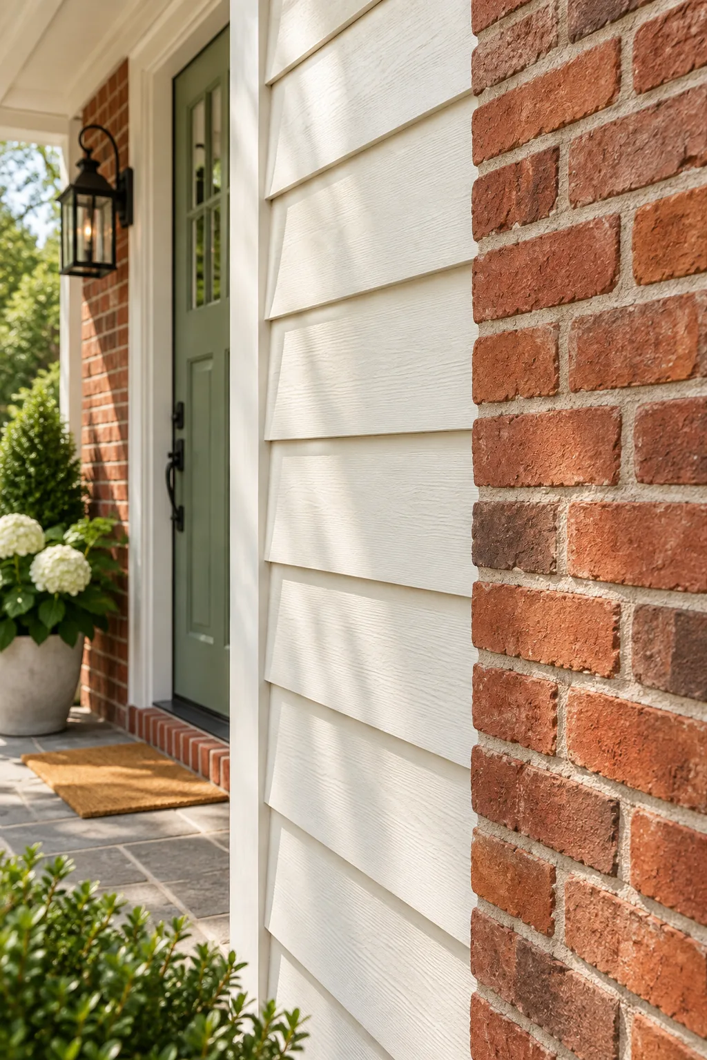Close-up of creamy white painted wood siding with a matte finish installed next to a red brick wall.