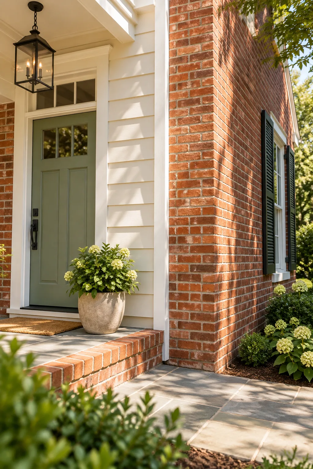 Sage green painted front door with black hardware framed by red-orange exterior brick.