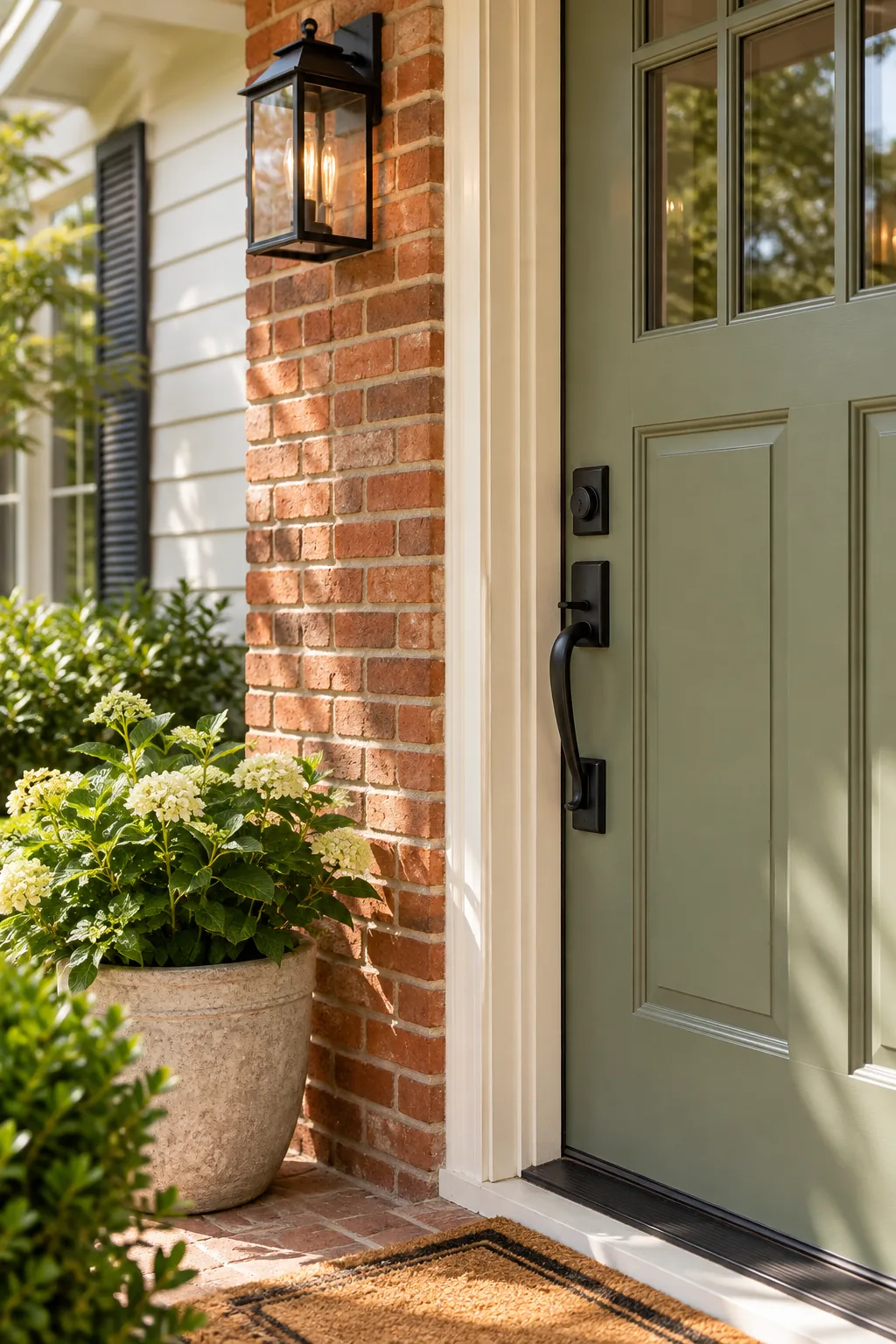Corner of a house with cream siding showing bright direct sunlight on one side and deep shadow on the other.