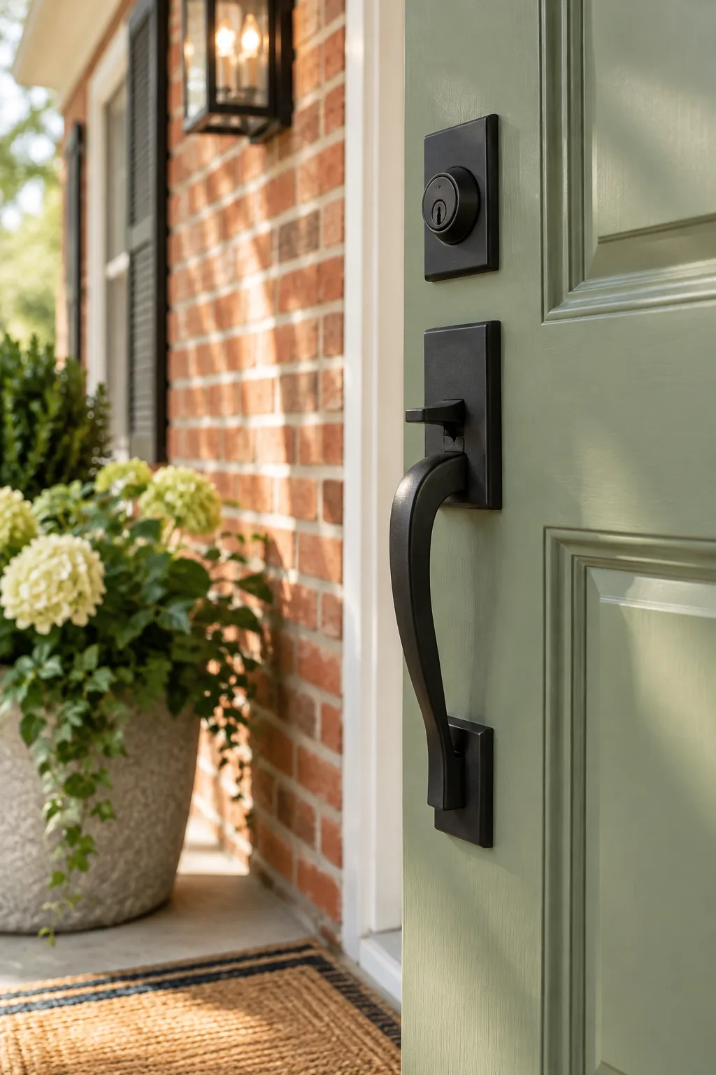 Matte black entry handleset on a sage green door with blurred red brick in the background.