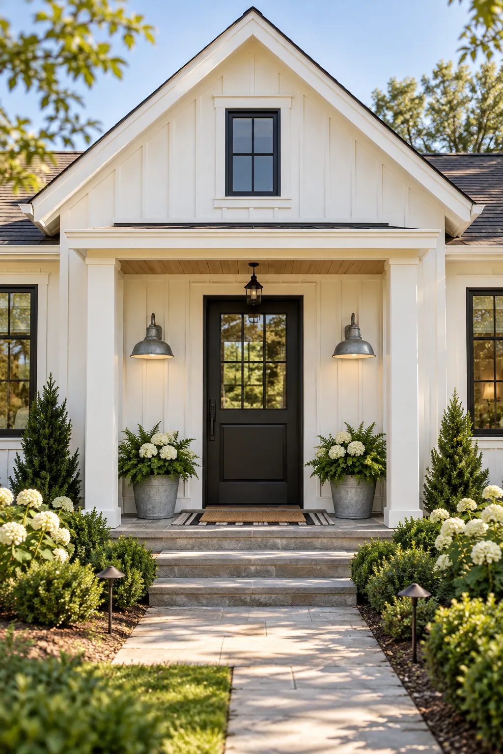 Modern farmhouse front porch with white board and batten siding and a black door.