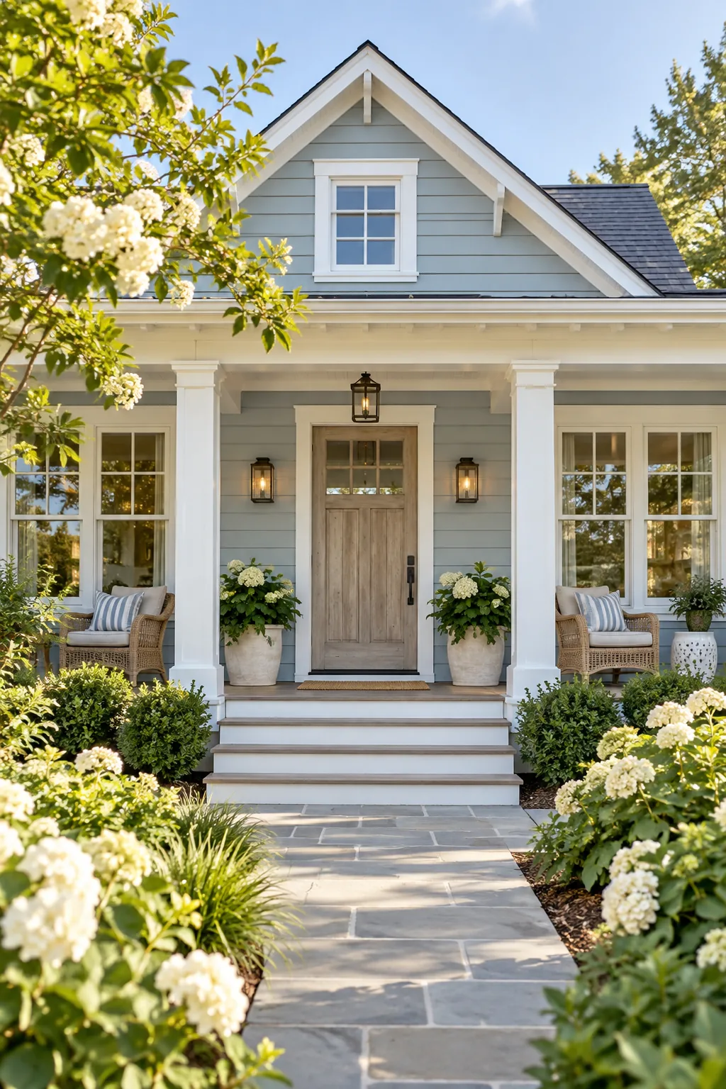 Coastal cottage exterior with soft blue siding and a weathered wood door.