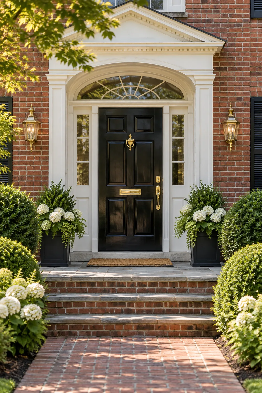 Traditional red brick home exterior with a glossy black door and brass hardware.