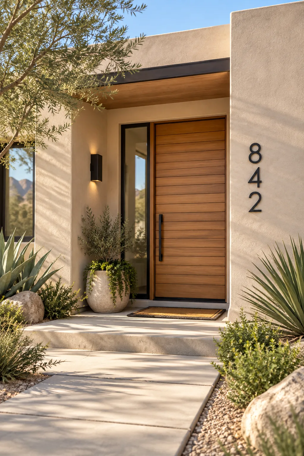 Contemporary desert home exterior with sand stucco and a slatted teak door.