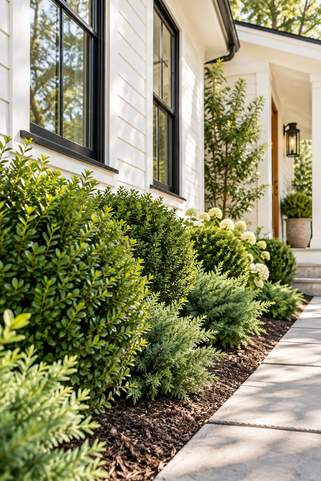 Lush green evergreen shrubs planted neatly along a creamy white home foundation.