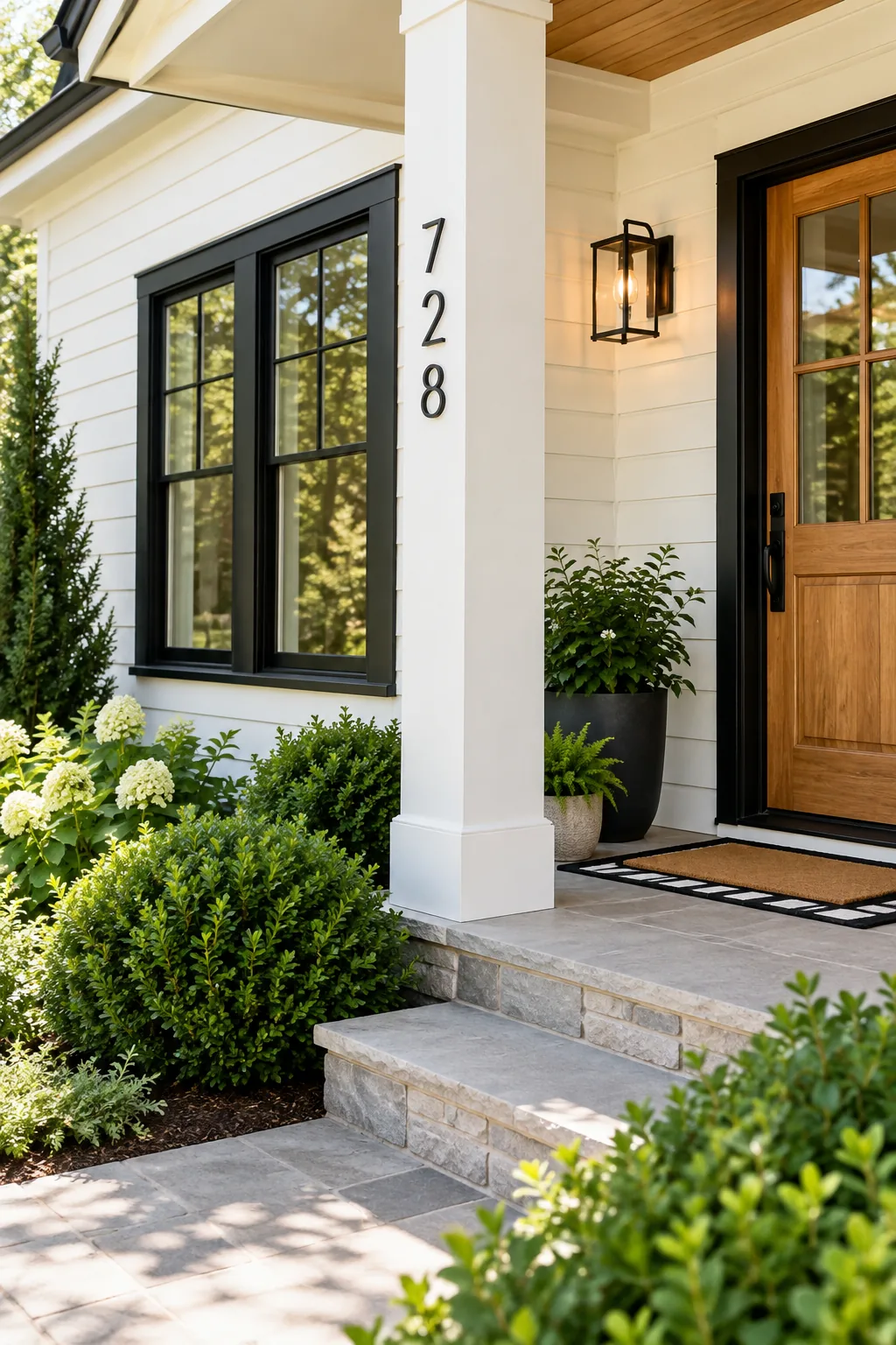Crisp black window trim contrasting sharply with creamy white lap siding.