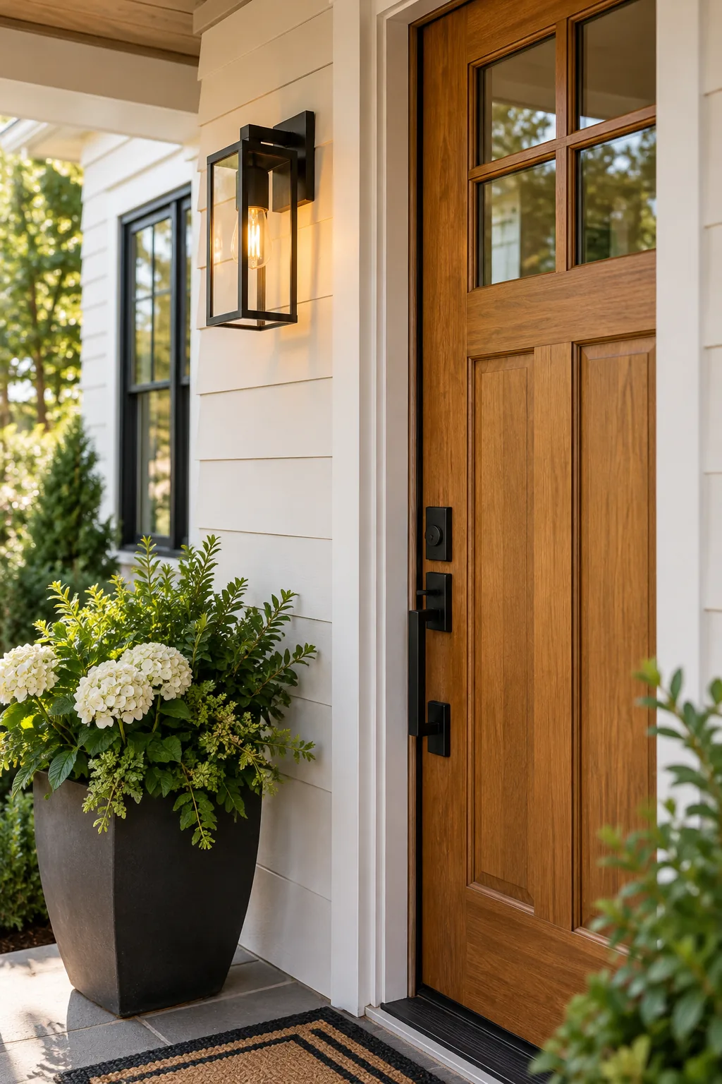 A modern black metal wall sconce illuminated next to a natural wood front door.
