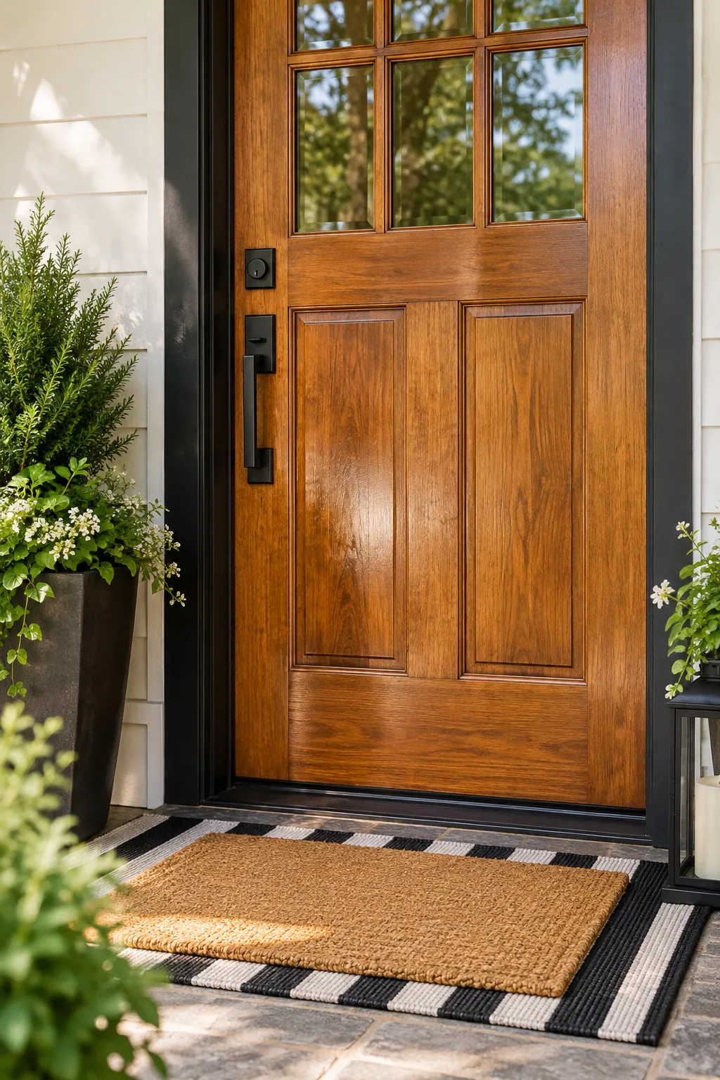 Close-up of beautiful wood grain on a glossy finished front door with black hardware.