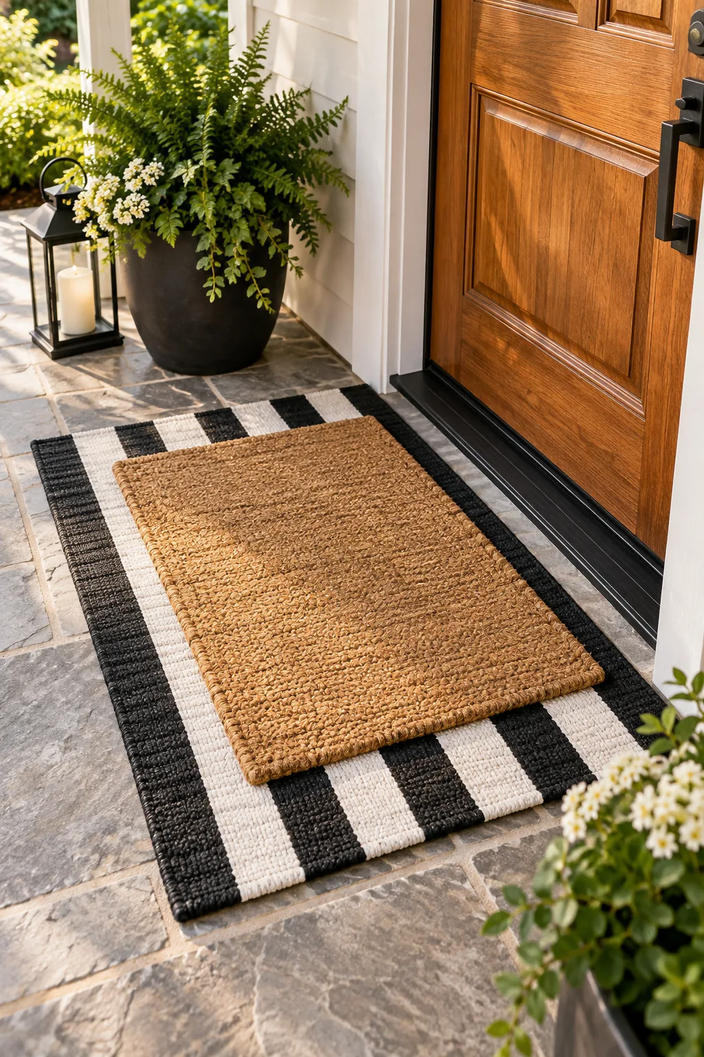 A textured coir doormat resting on a larger black-and-white striped outdoor rug.