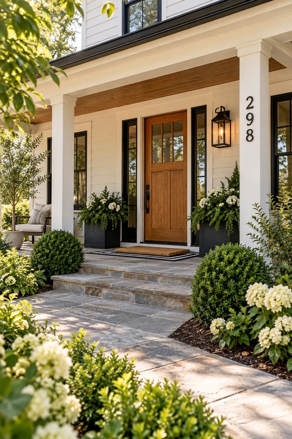 A complete view of a styled front porch with a wood door, black accents, and layered doormats.