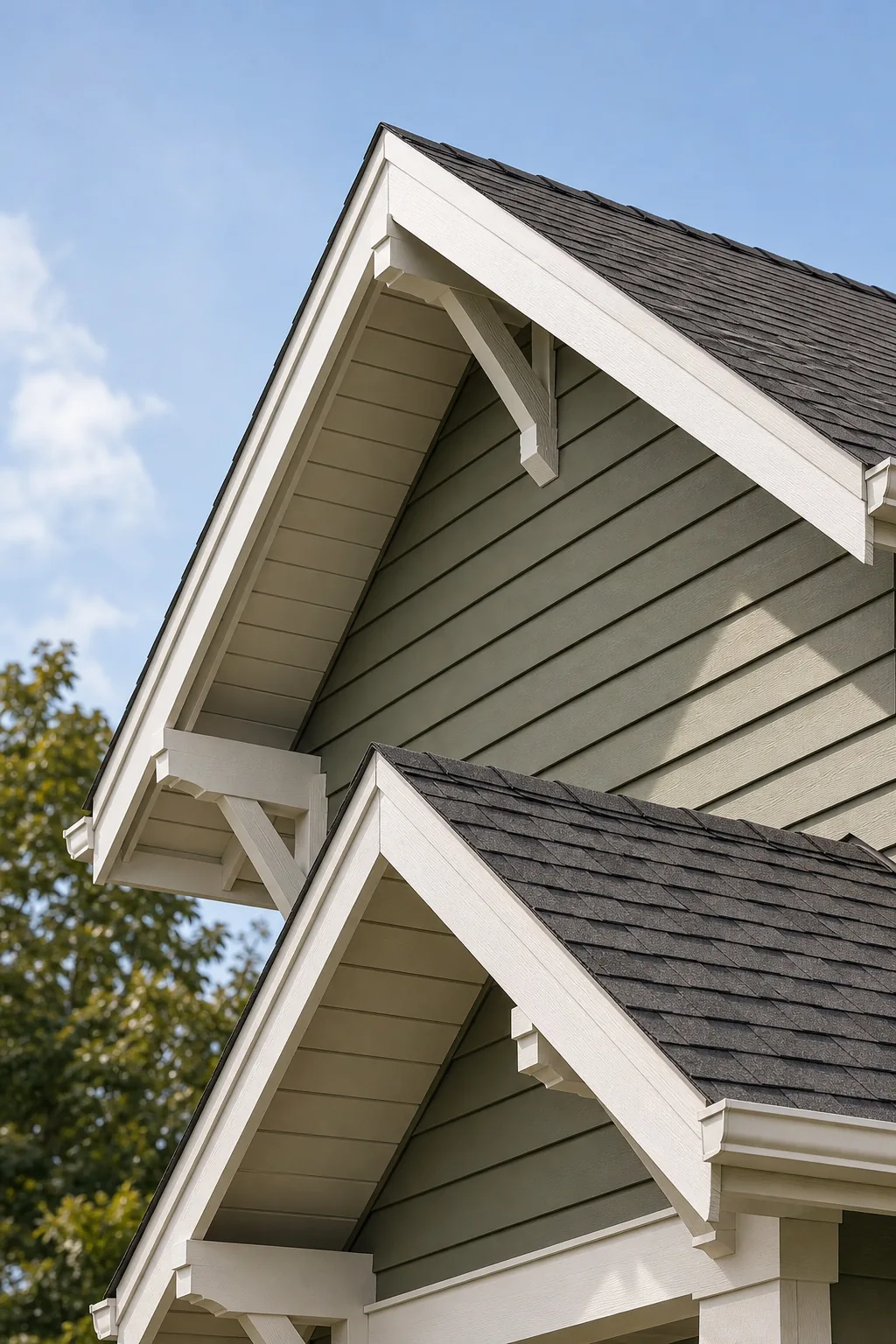 Close-up of grey and brown textured roof shingles meeting sage green lap siding and white trim.