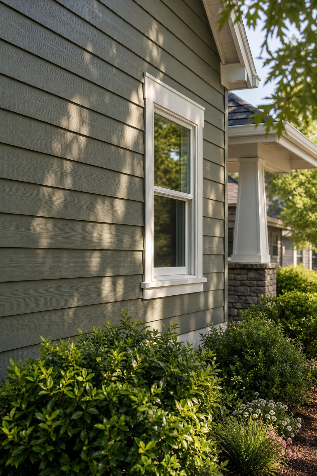 Wide view of sage green lap siding with deep shadow lines and a green shrub in the foreground.