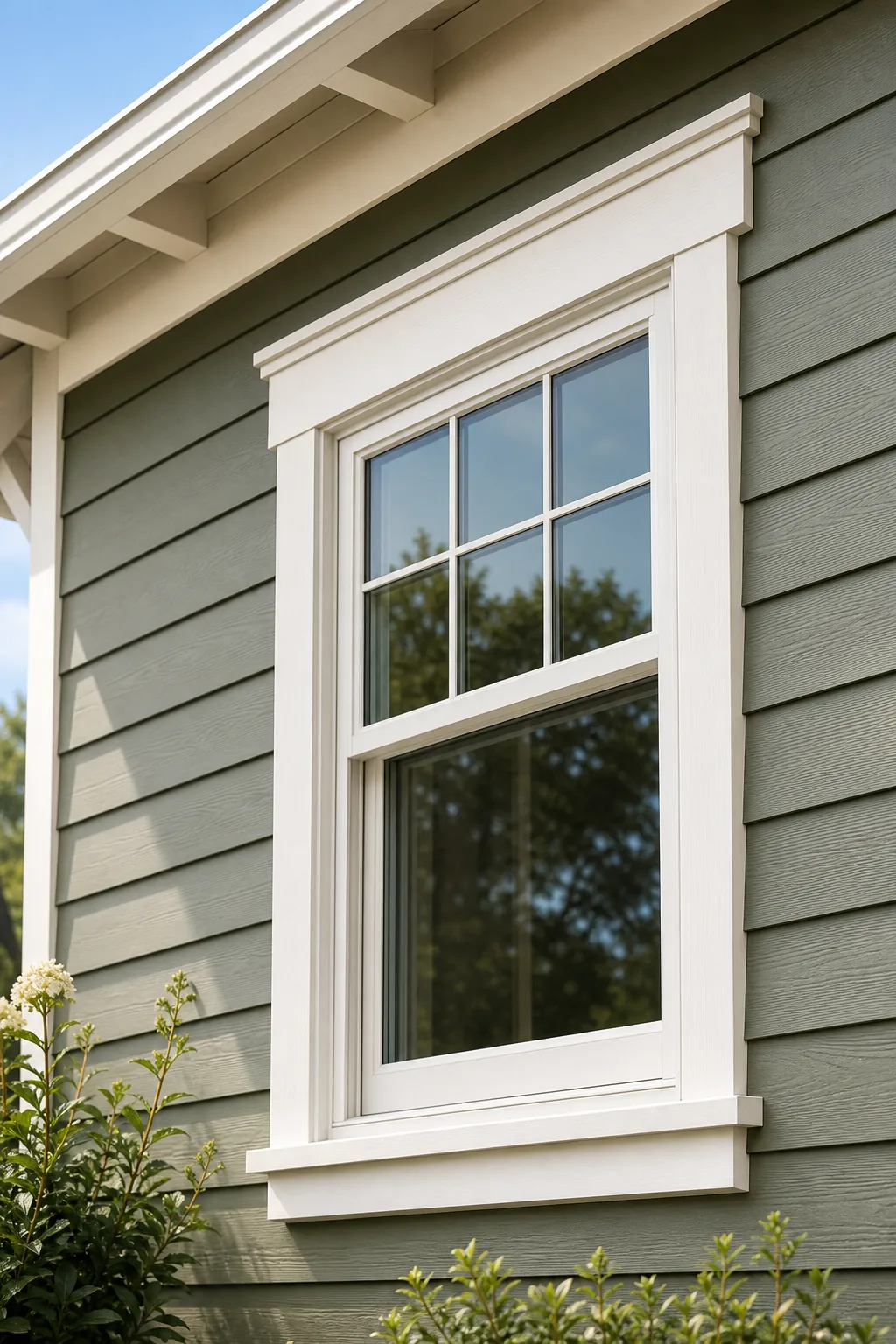 A double-hung window with thick white trim set into sage green house siding.