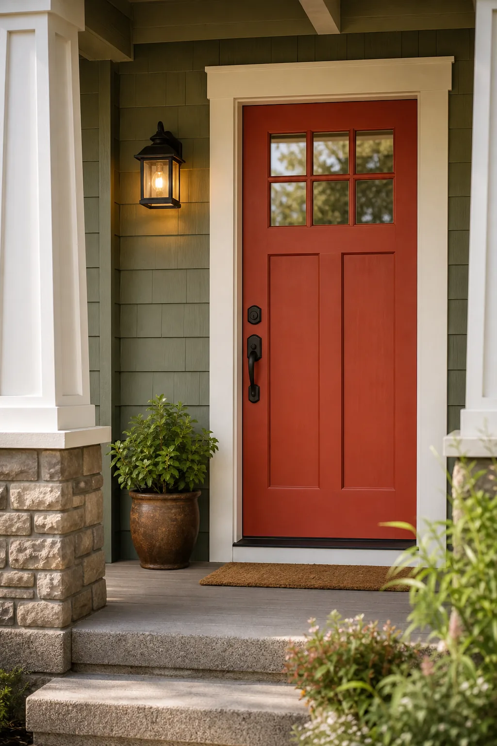 A warm red craftsman front door with glass panels, framed by white trim and a bronze sconce.
