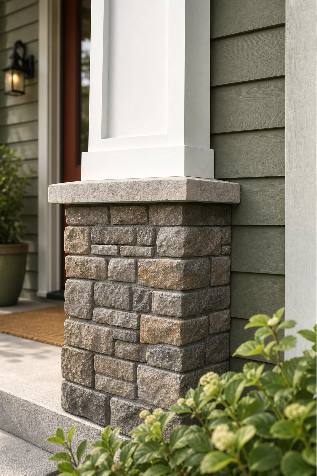 A stacked stone porch pillar base transitioning into a white painted wooden column.