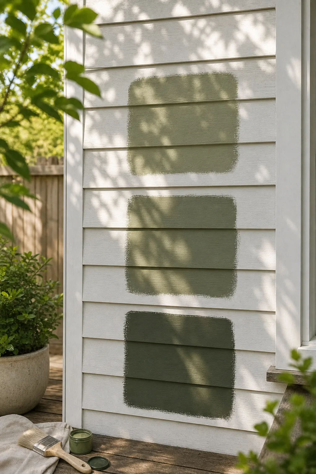 Three square paint swatches in different shades of green painted on primed house siding in dappled sunlight.
