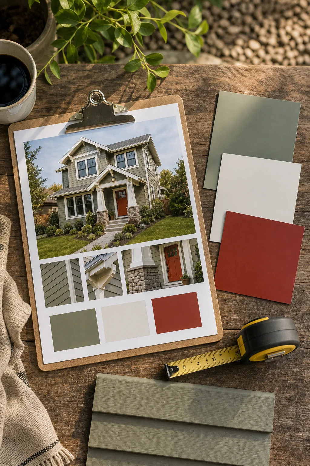 An overhead view of a printed color guide, three paint chips, and a siding sample on a wooden table.