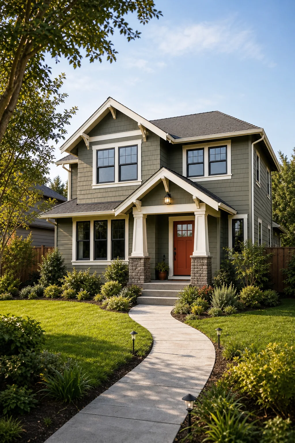 A complete view of a craftsman house from the front walkway, showing green siding, white trim, and a red door.