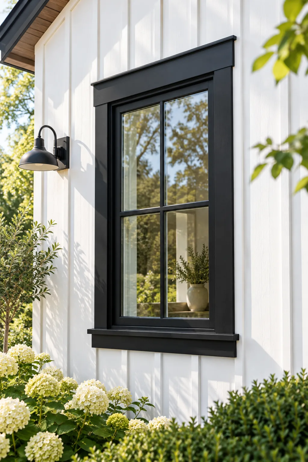 Matte black window trim installed on white board and batten siding.