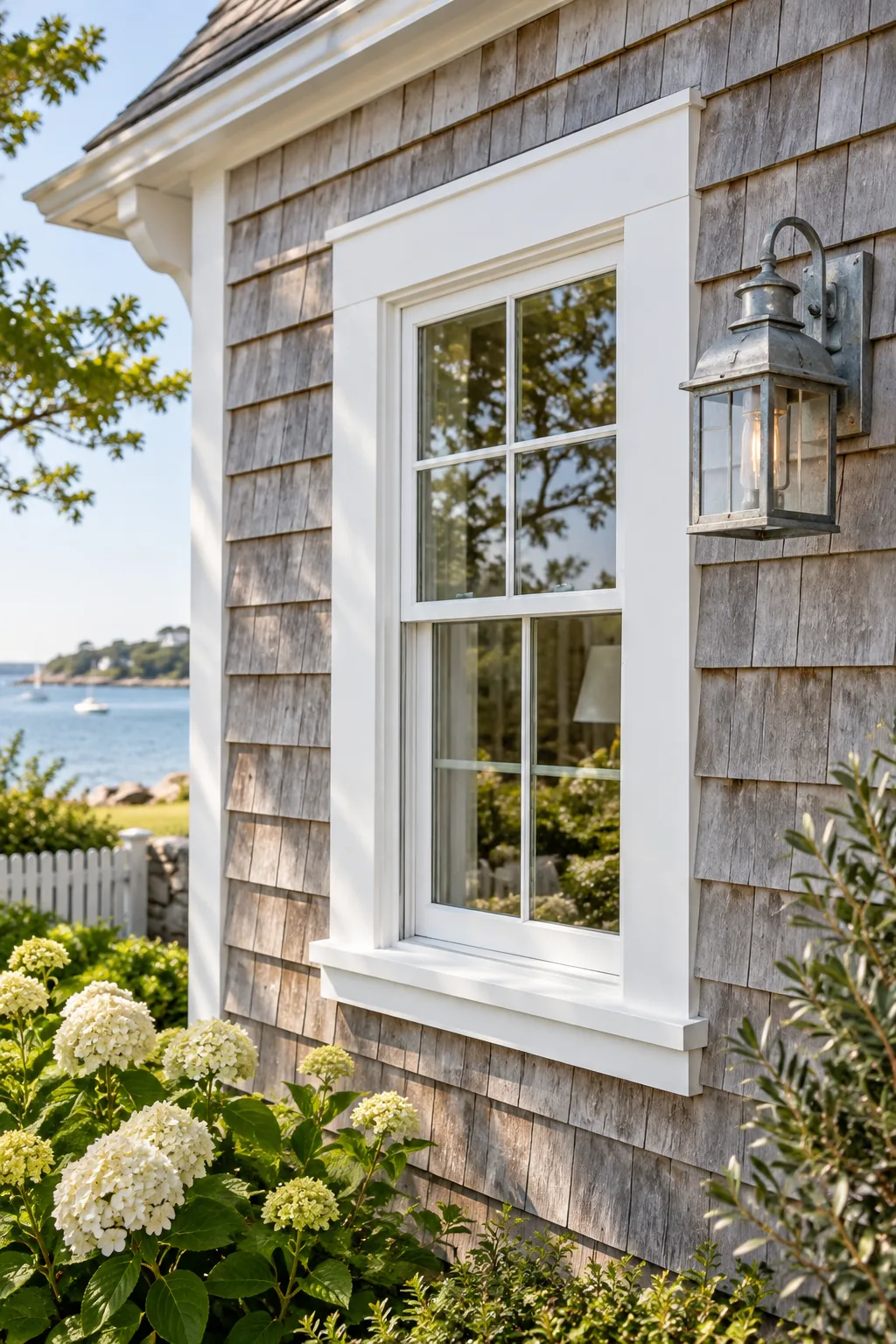 Crisp white window trim installed against weathered grey cedar shake siding.