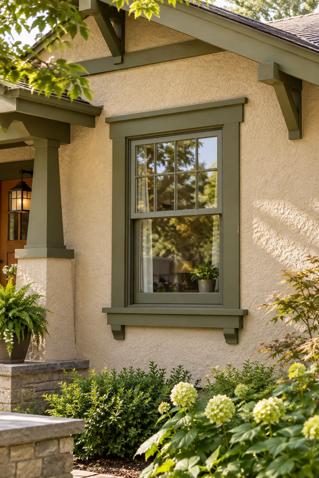 Deep olive green window trim installed on a warm beige stucco exterior.