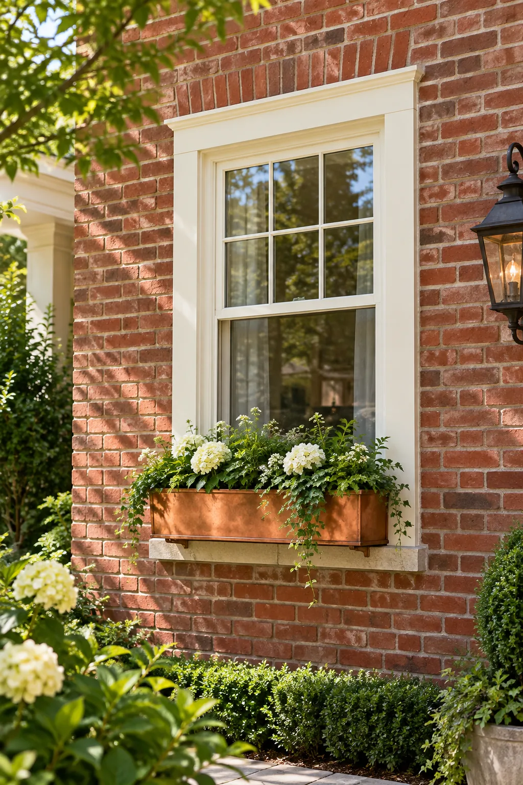 Soft cream window trim installed on a classic red brick exterior.