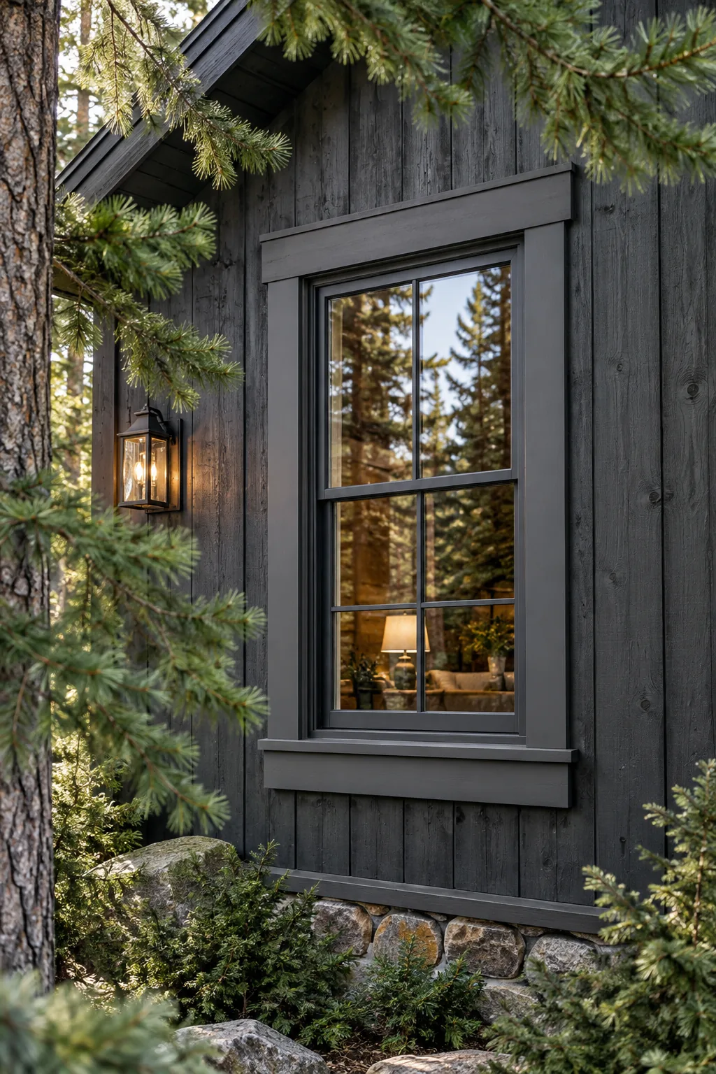 Dark grey window trim blending seamlessly into dark charcoal stained wood siding.