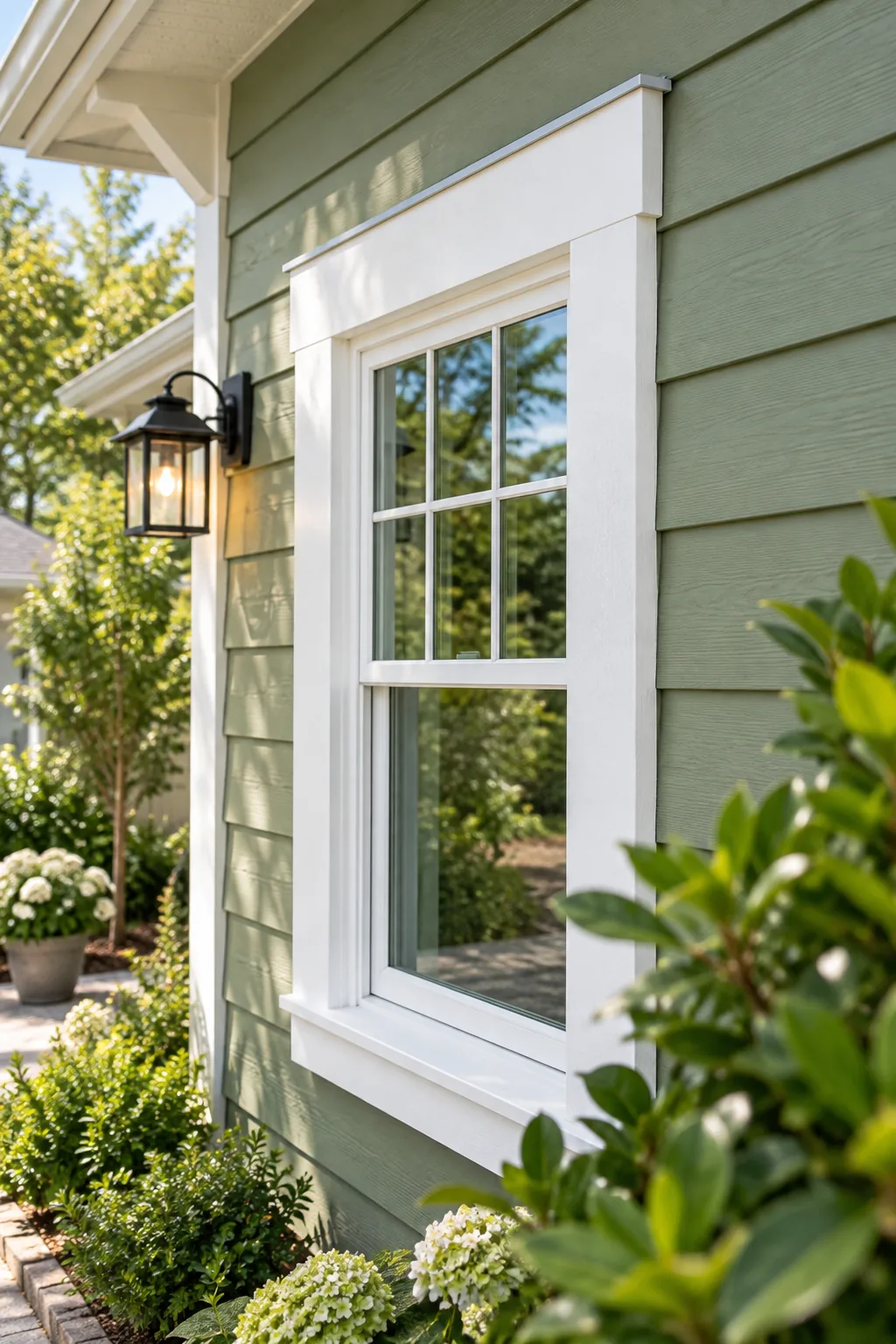 Close-up of a white window trim top corner showing a metal drip cap installed above the header board on green siding.