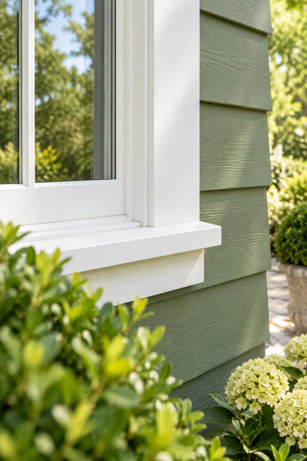 Crisp 4-inch white vertical window casing installed seamlessly against sage green horizontal lap siding.