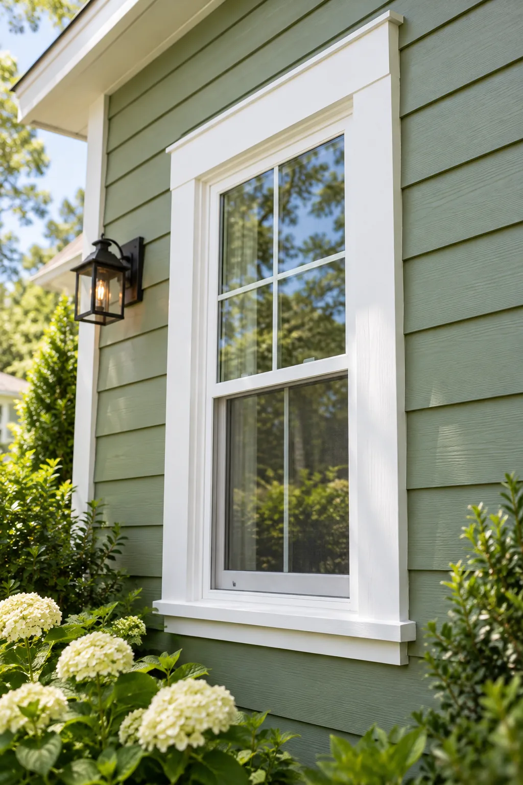 Bottom corner of a white window frame showing the angled sill extending one inch past the vertical side casing.