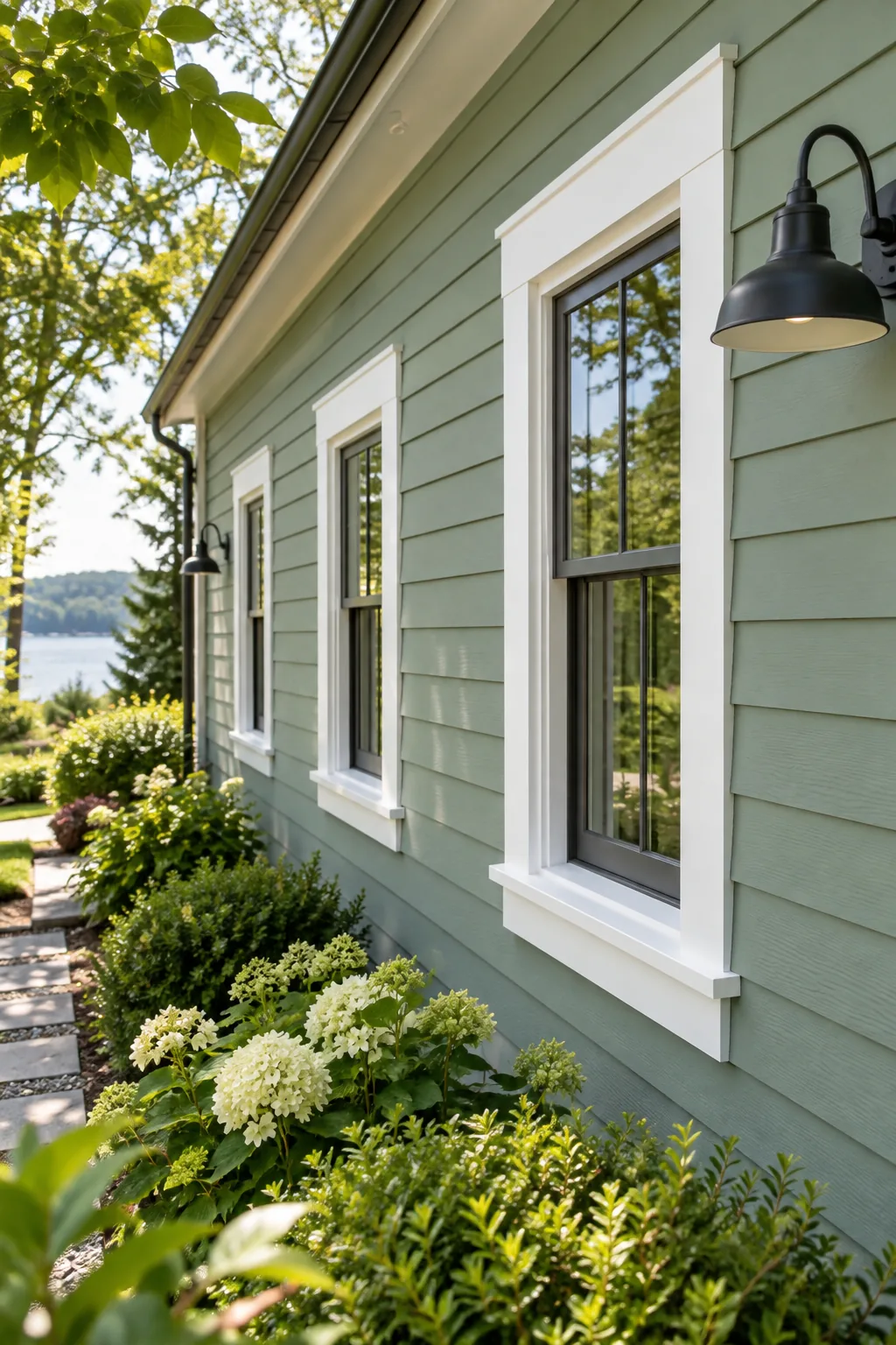 A complete, beautifully framed window with bright white trim on a sage green house exterior.