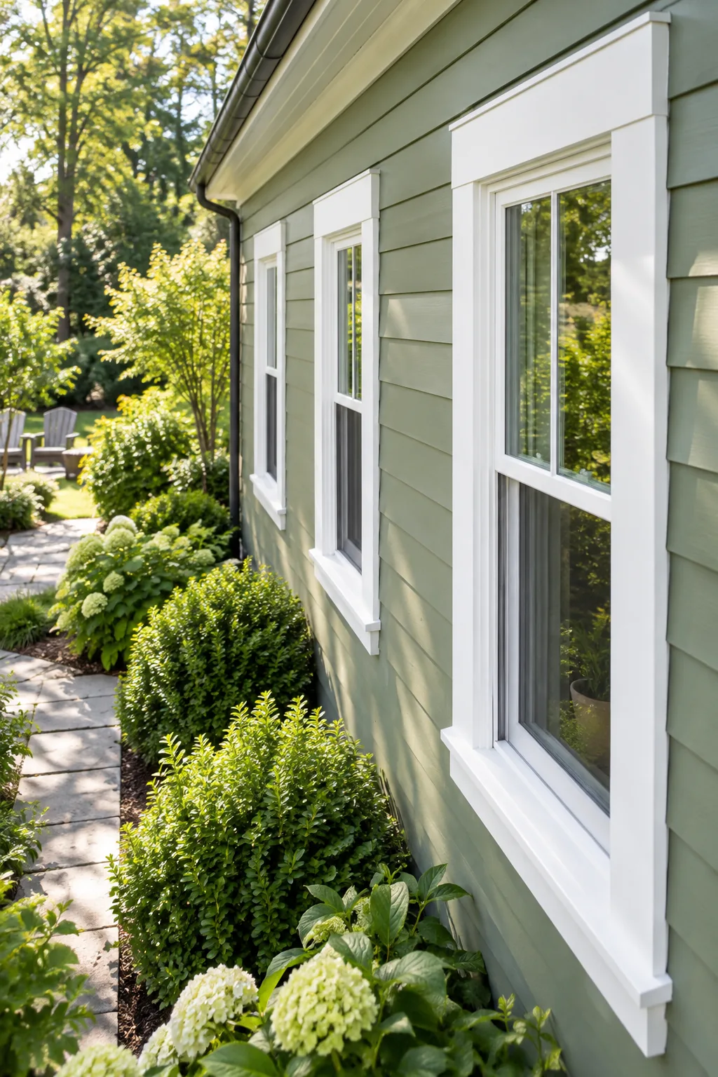 A row of beautifully trimmed windows with white frames on a green house exterior.