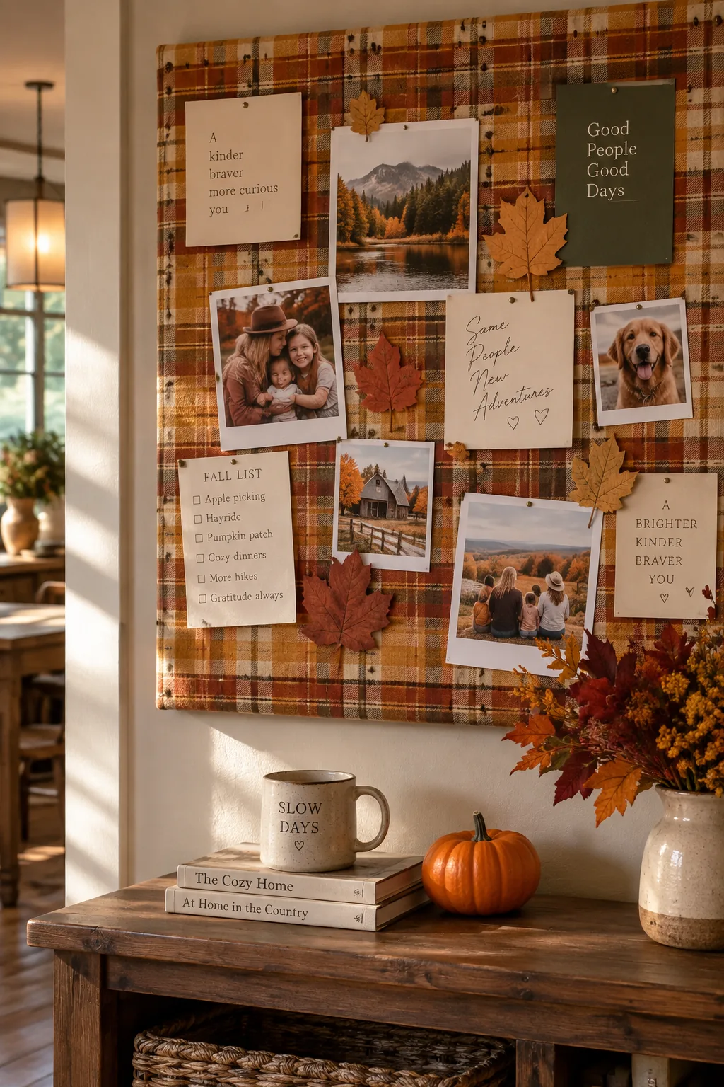 Bulletin board covered in mustard yellow plaid fabric