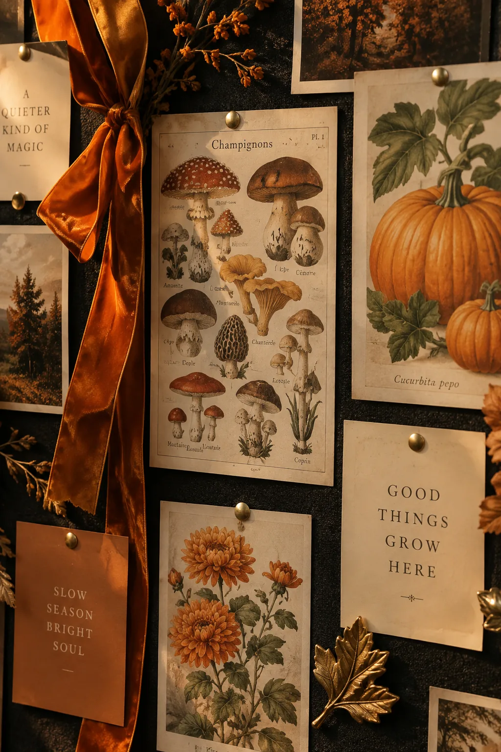 Black linen bulletin board with vintage mushroom prints