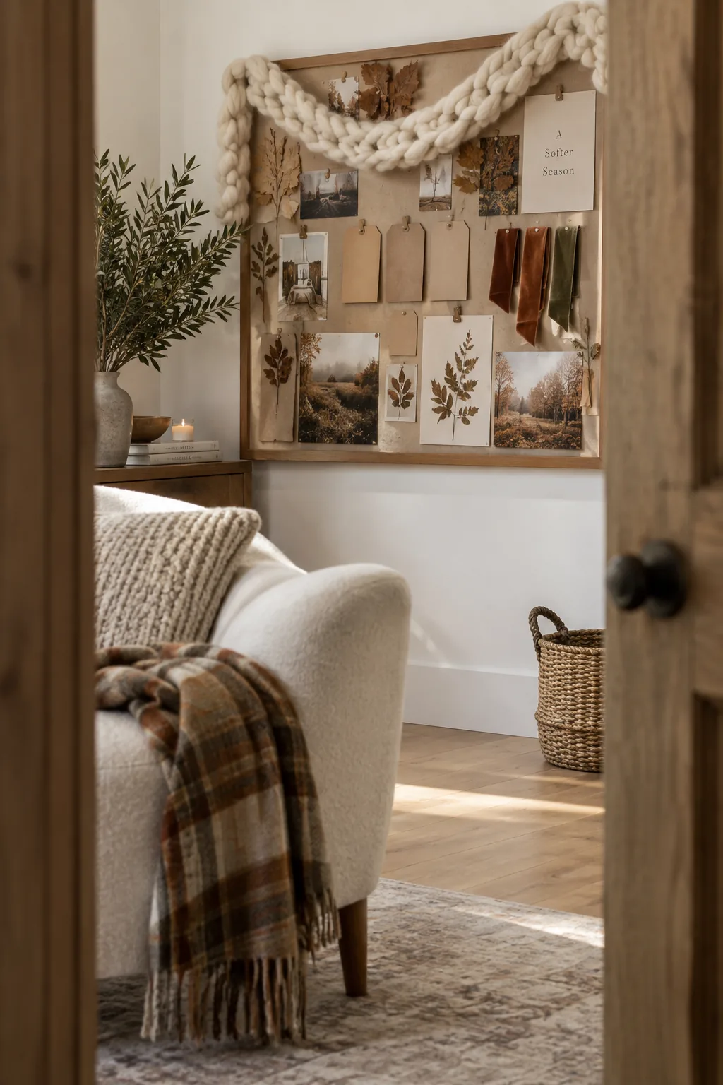 Chunky knit yarn and leather tags on cork