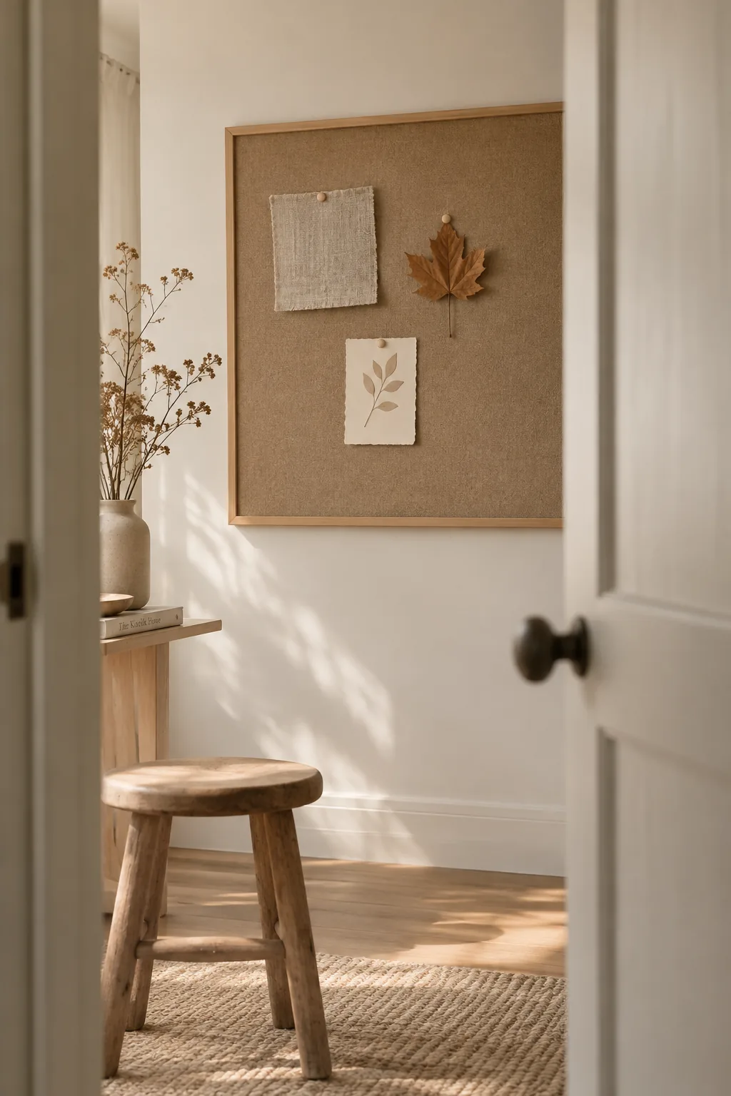 Minimalist cork board with a single dried fern