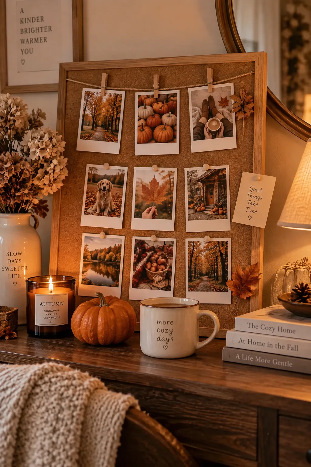 Instant film photos of fall memories on cork