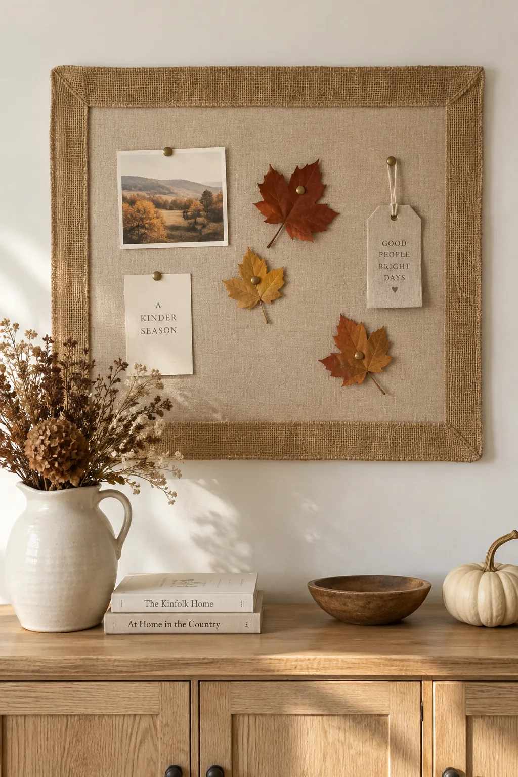 Burlap ribbon bordering a cork bulletin board
