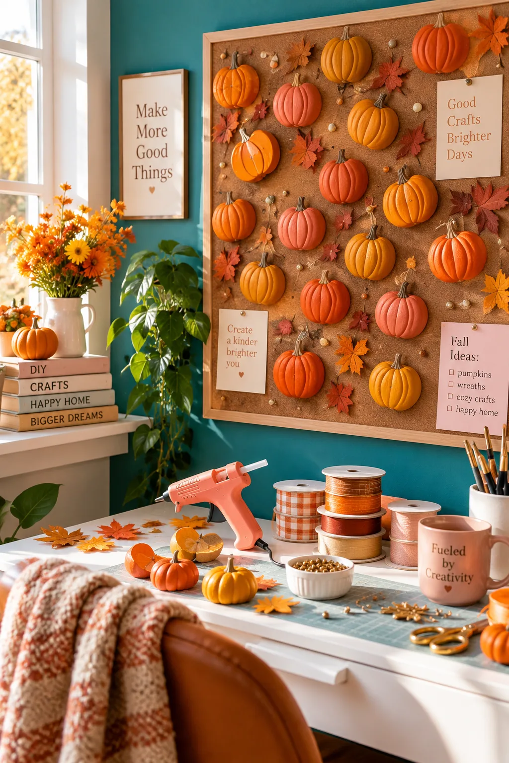 Half sliced foam pumpkins pinned to a board