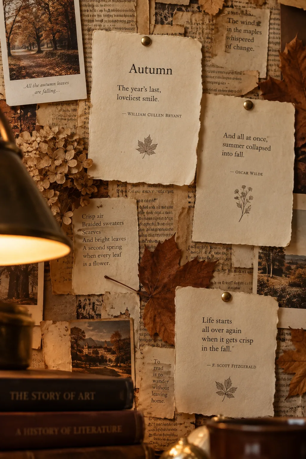 Vintage book pages layered on a bulletin board